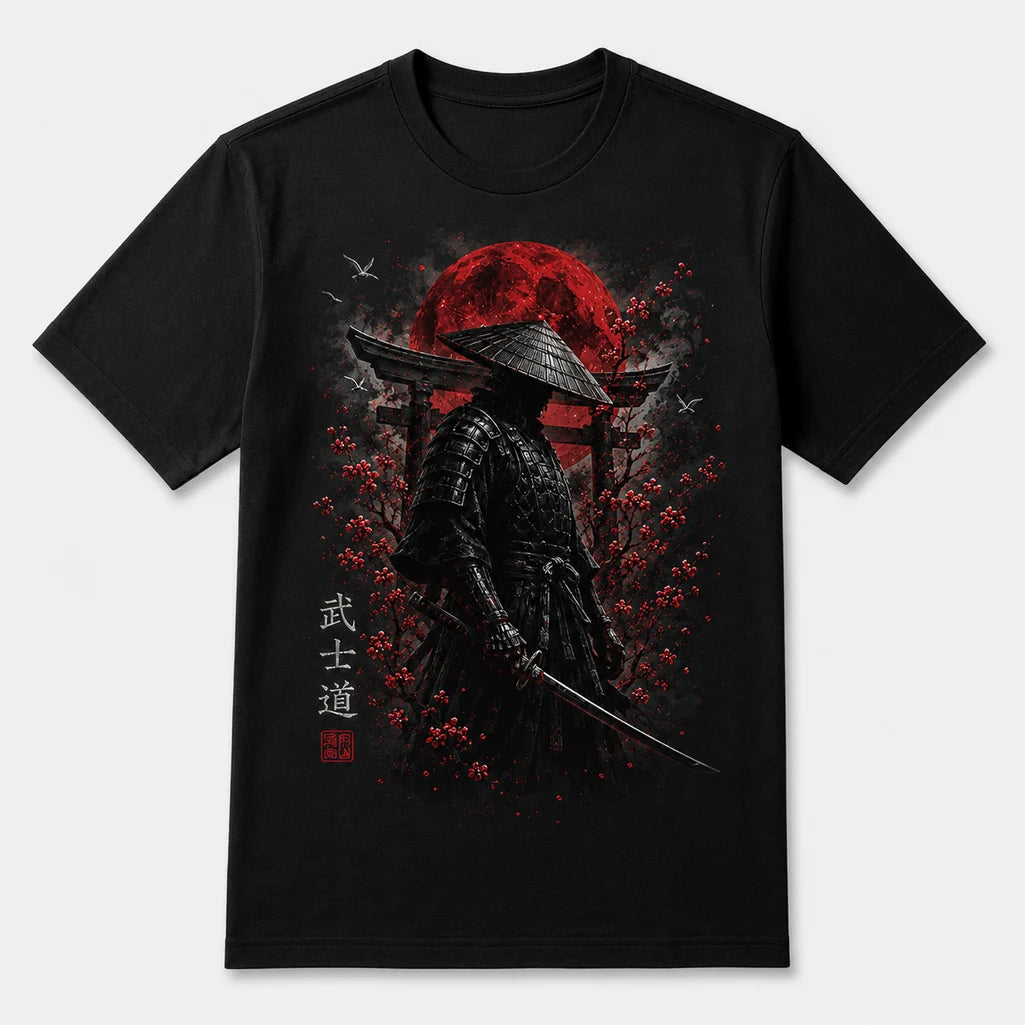 Bushido Samurai red moon graphic black T-shirt front mockup