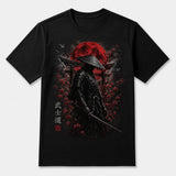 Bushido Samurai red moon graphic black T-shirt front mockup