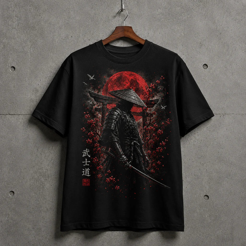 Bushido Samurai black graphic T-shirt hanging mockup