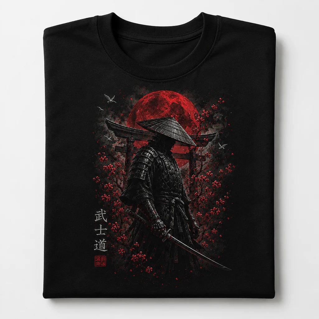 Folded Bushido Samurai red moon black T-shirt