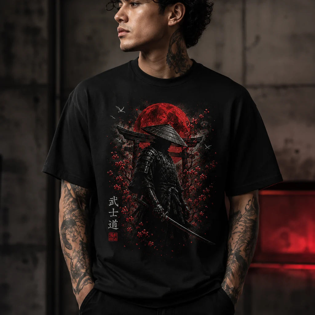 Male model wearing Bushido Samurai red moon black T-shirt