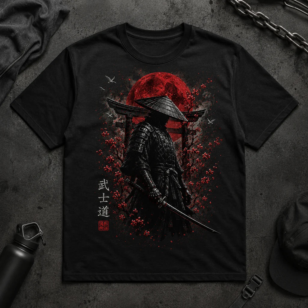 Female model wearing Bushido Samurai Japanese graphic black T-shirt