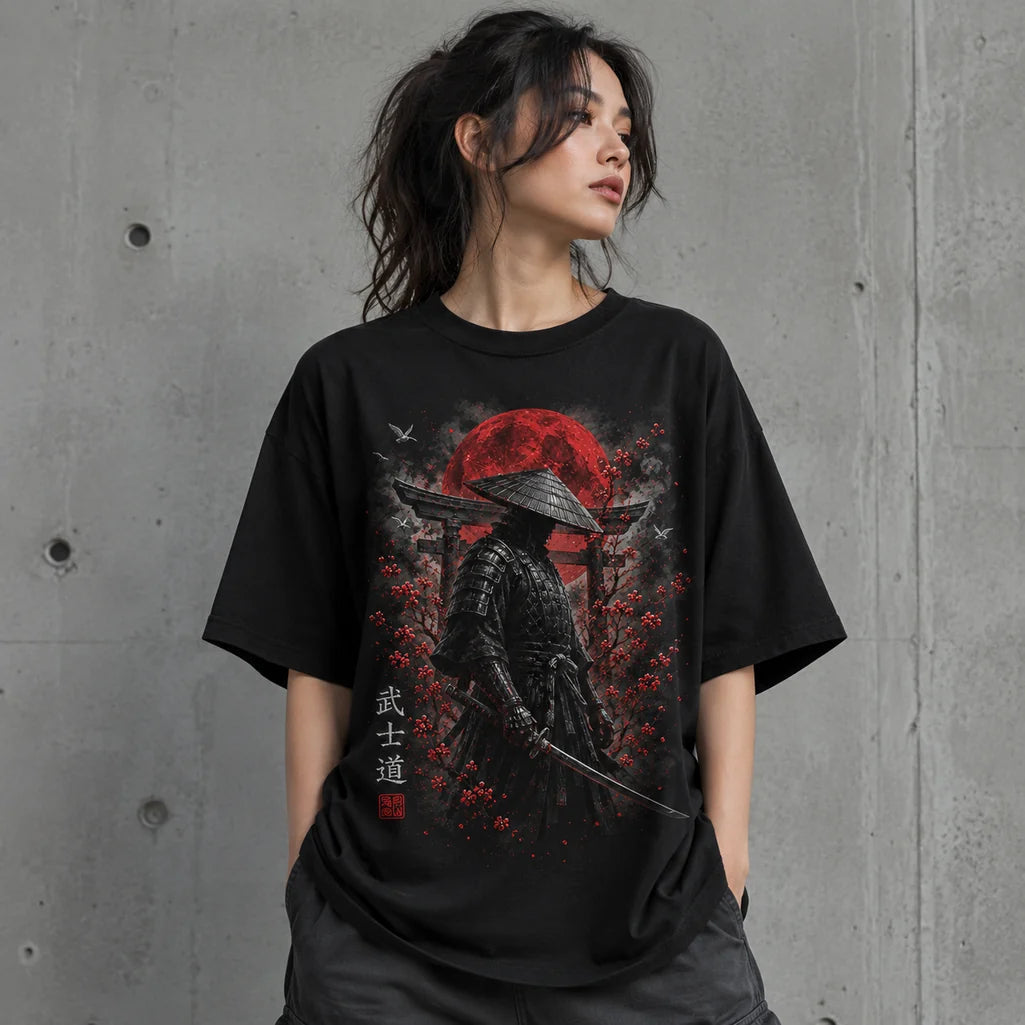 Bushido Samurai red moon black T-shirt flat lay