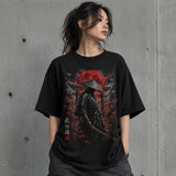 Bushido Samurai red moon black T-shirt flat lay