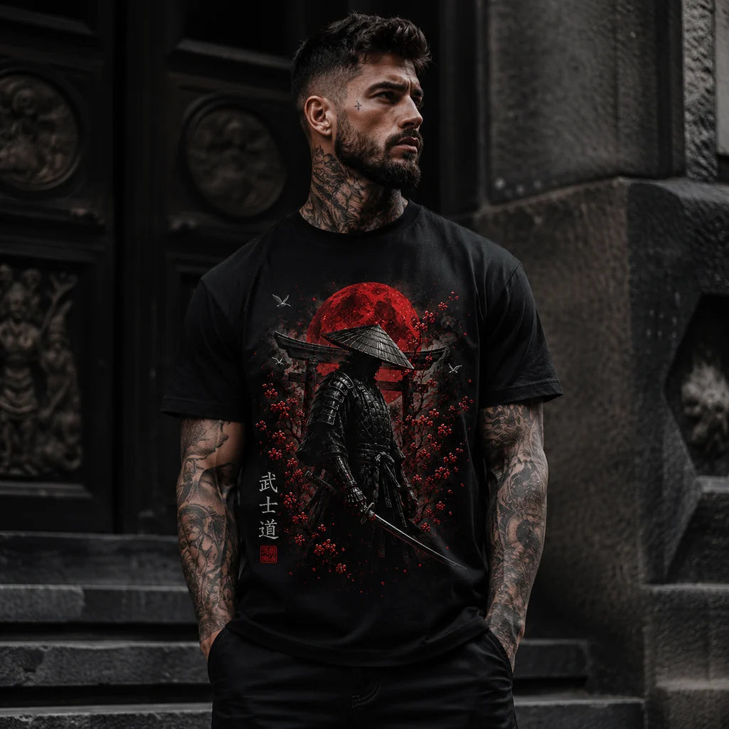 Cinematic Bushido Samurai red moon graphic T-shirt mockup