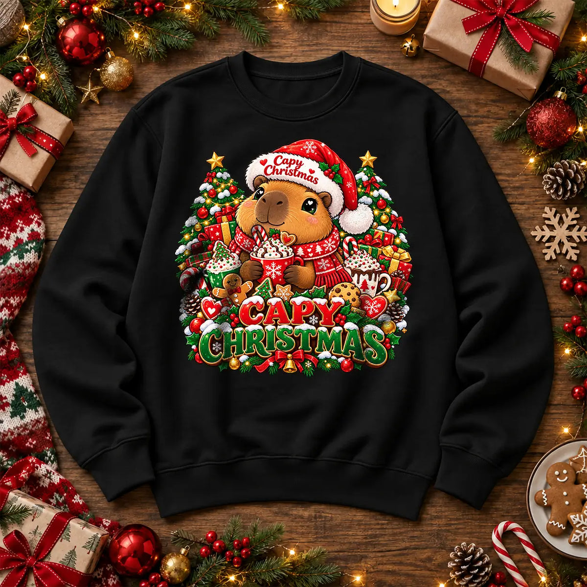 Capy Christmas jumper in Adult Black, cute capybara festive front print by Printora UK