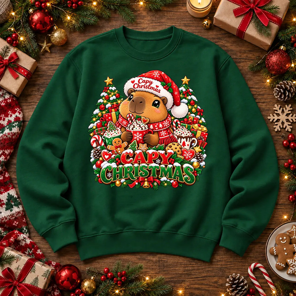 Capy Christmas jumper in Adult Bottle Green, cute capybara festive front print by Printora UK