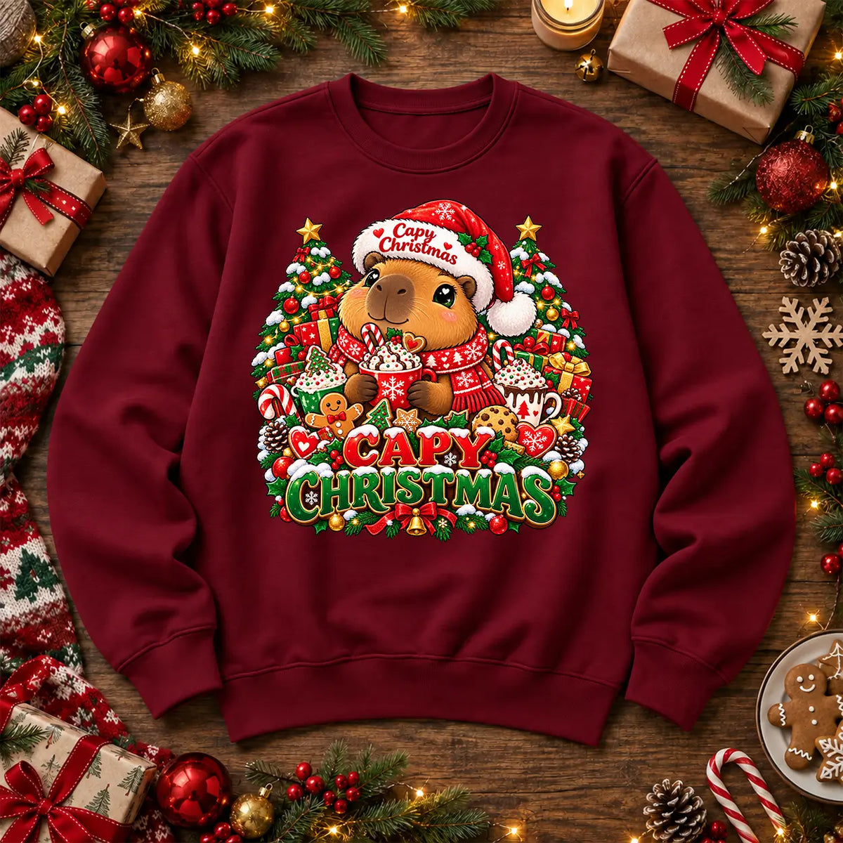 Capy Christmas jumper in Adult Burgundy, cute capybara festive front print by Printora UK