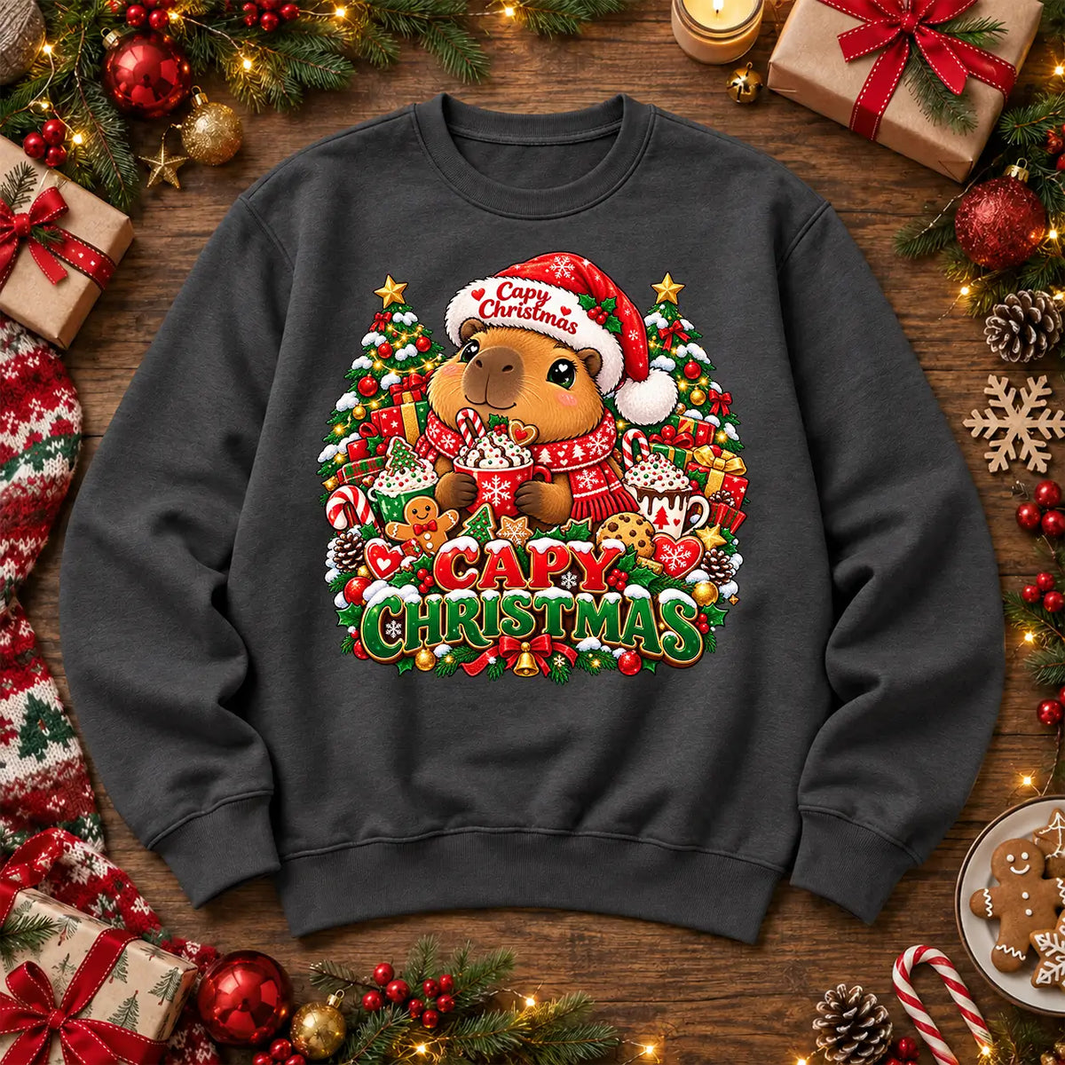 Capy Christmas jumper in Adult Charcoal, cute capybara festive front print by Printora UK