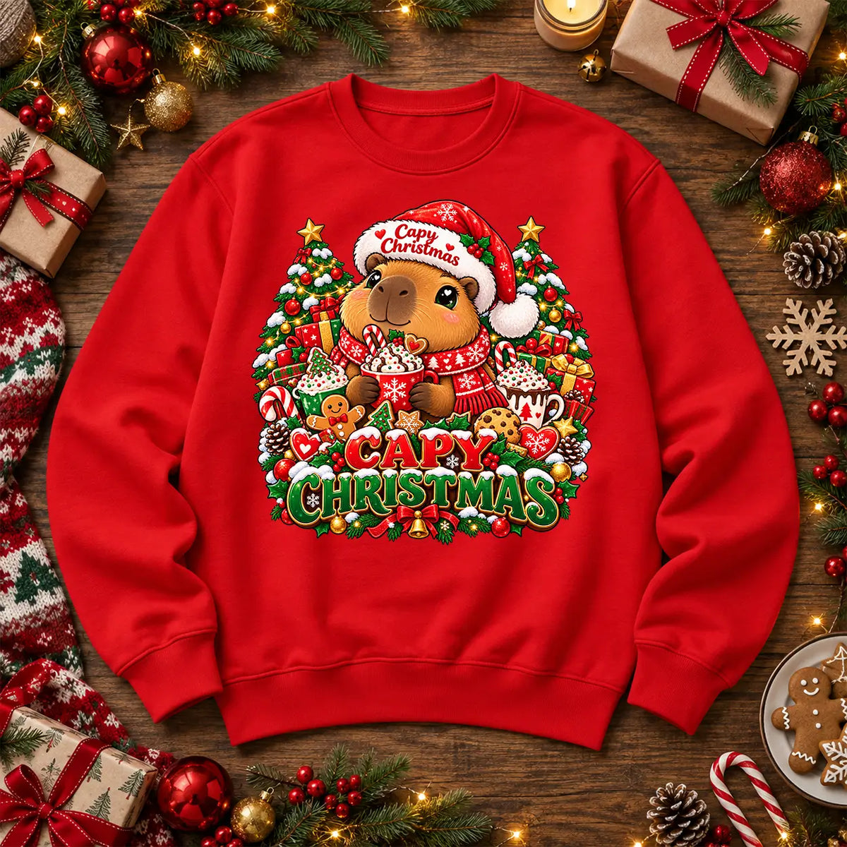 Capy Christmas jumper in Adult Fire Red, cute capybara festive front print by Printora UK