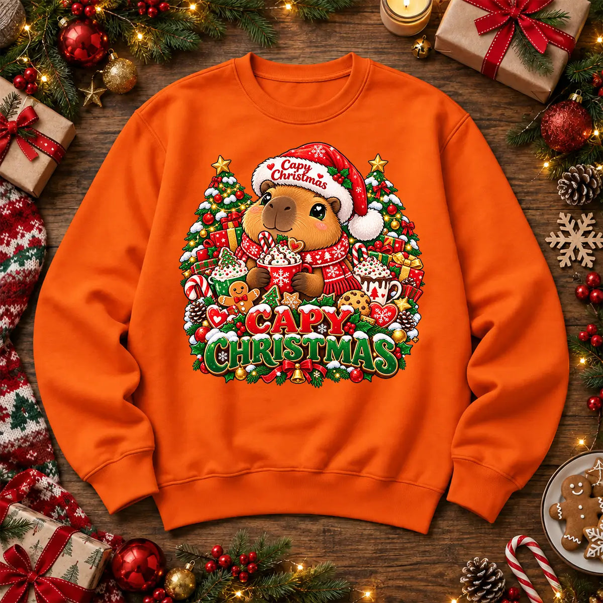 Capy Christmas jumper in Adult Orange, cute capybara festive front print by Printora UK