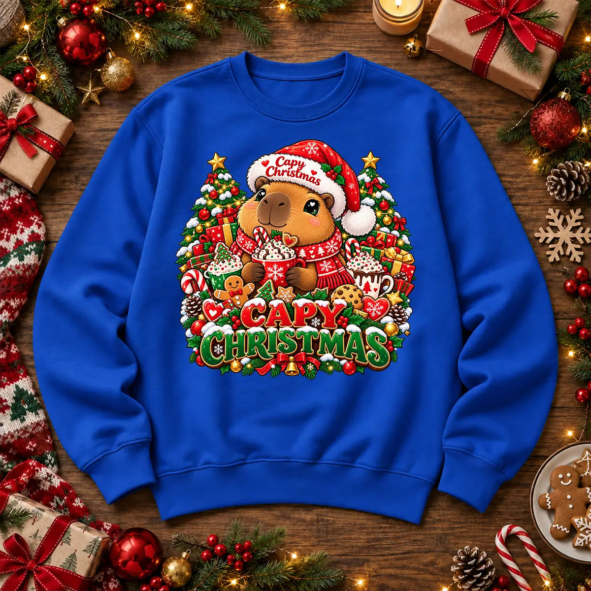 Capy Christmas jumper in Adult Royal Blue, cute capybara festive front print by Printora UK