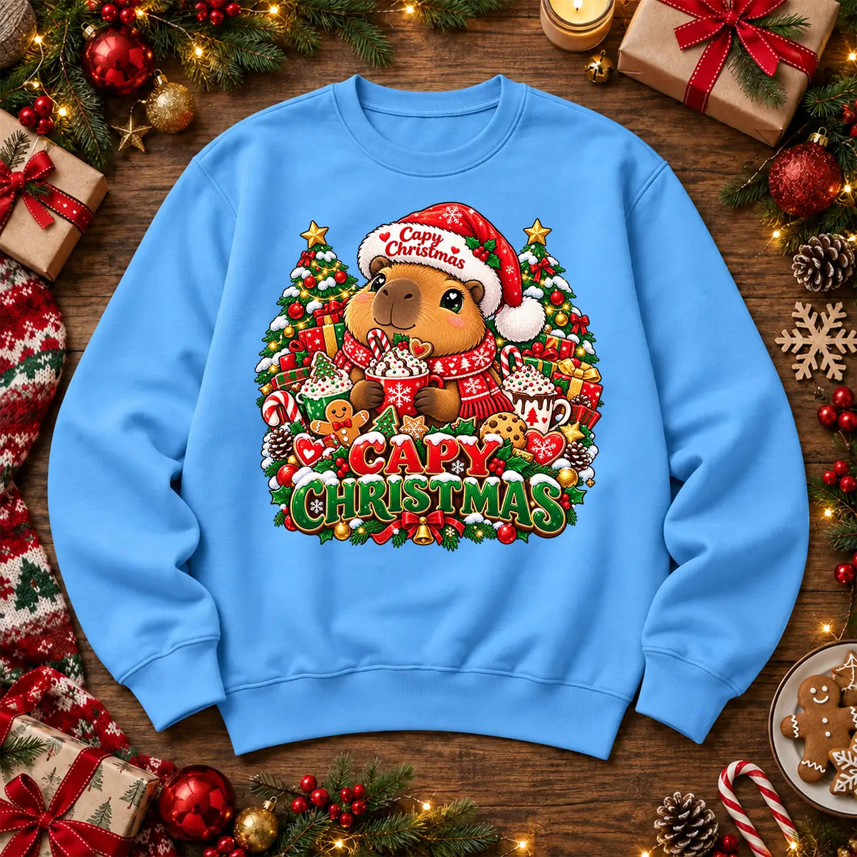 Capy Christmas jumper in Adult Sky Blue, cute capybara festive front print by Printora UK