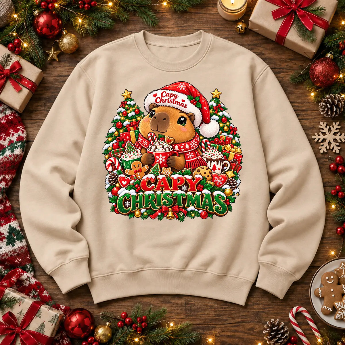 Capy Christmas jumper in Adult Stone, cute capybara festive front print by Printora UK