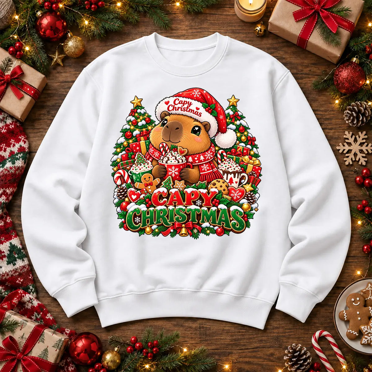 Capy Christmas jumper in Adult White, cute capybara festive front print by Printora UK