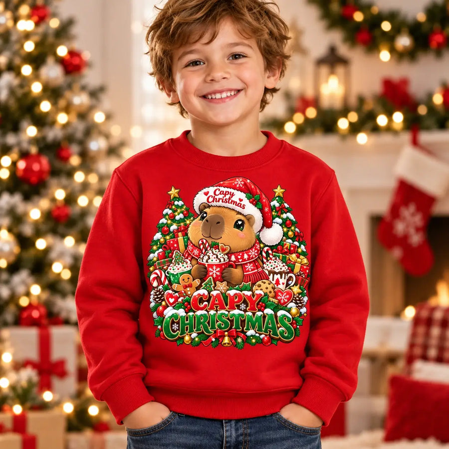 Capy Christmas jumper in Kids Fire Red, cute capybara festive front print by Printora UK