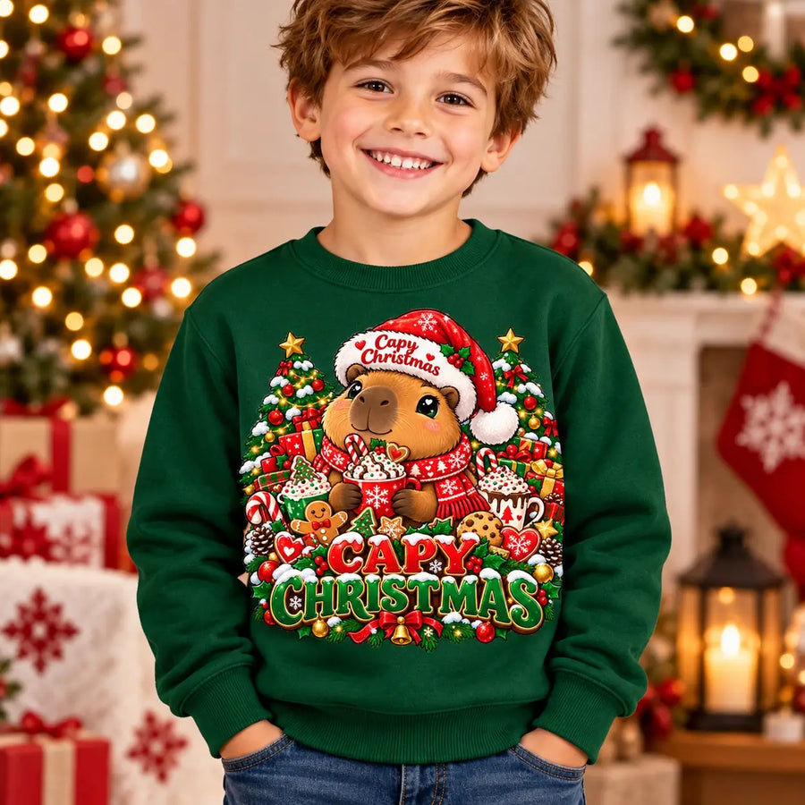 Capy Christmas jumper in Kids Bottle Green, cute capybara festive front print by Printora UK