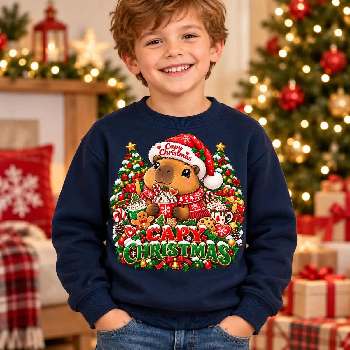 Capy Christmas jumper in Kids New French Navy, cute capybara festive front print by Printora UK