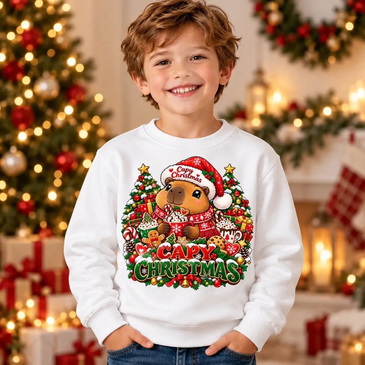 Capy Christmas jumper in Kids White, cute capybara festive front print by Printora UK