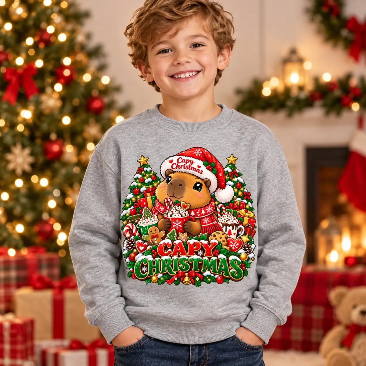 Capy Christmas jumper in Kids Heather Grey, cute capybara festive front print by Printora UK