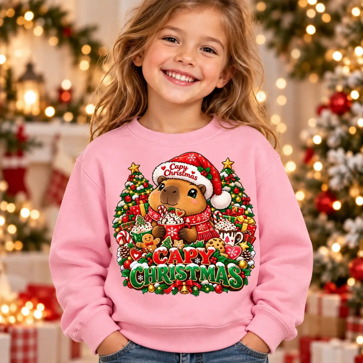 Capy Christmas jumper in Kids Baby Pink, cute capybara festive front print by Printora UK