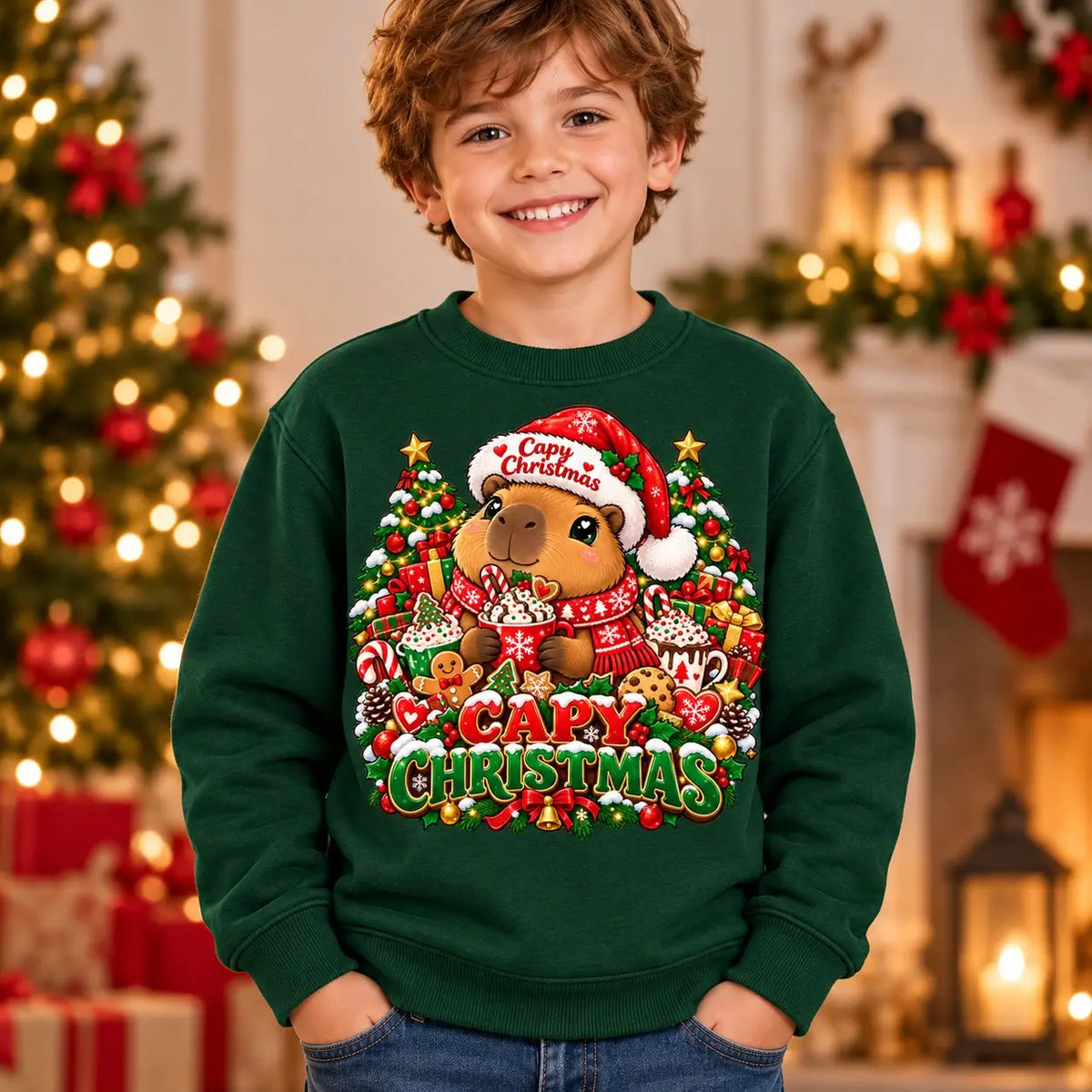 Capy Christmas jumper in Kids Bottle Green alternate, cute capybara festive front print by Printora UK