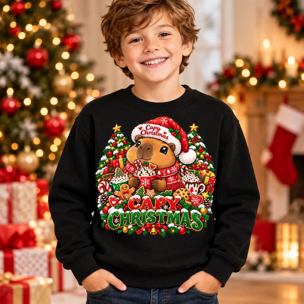 Capy Christmas jumper in Kids Black, cute capybara festive front print by Printora UK