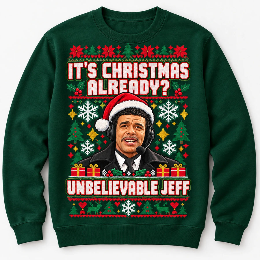 Bottle Green Chris Kamara It's Christmas Already Unbelievable Jeff Christmas jumper flat lay