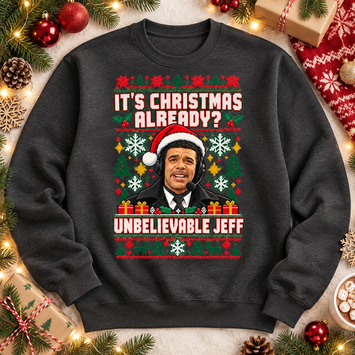 Heather Grey Chris Kamara It's Christmas Already Unbelievable Jeff Christmas jumper flat lay