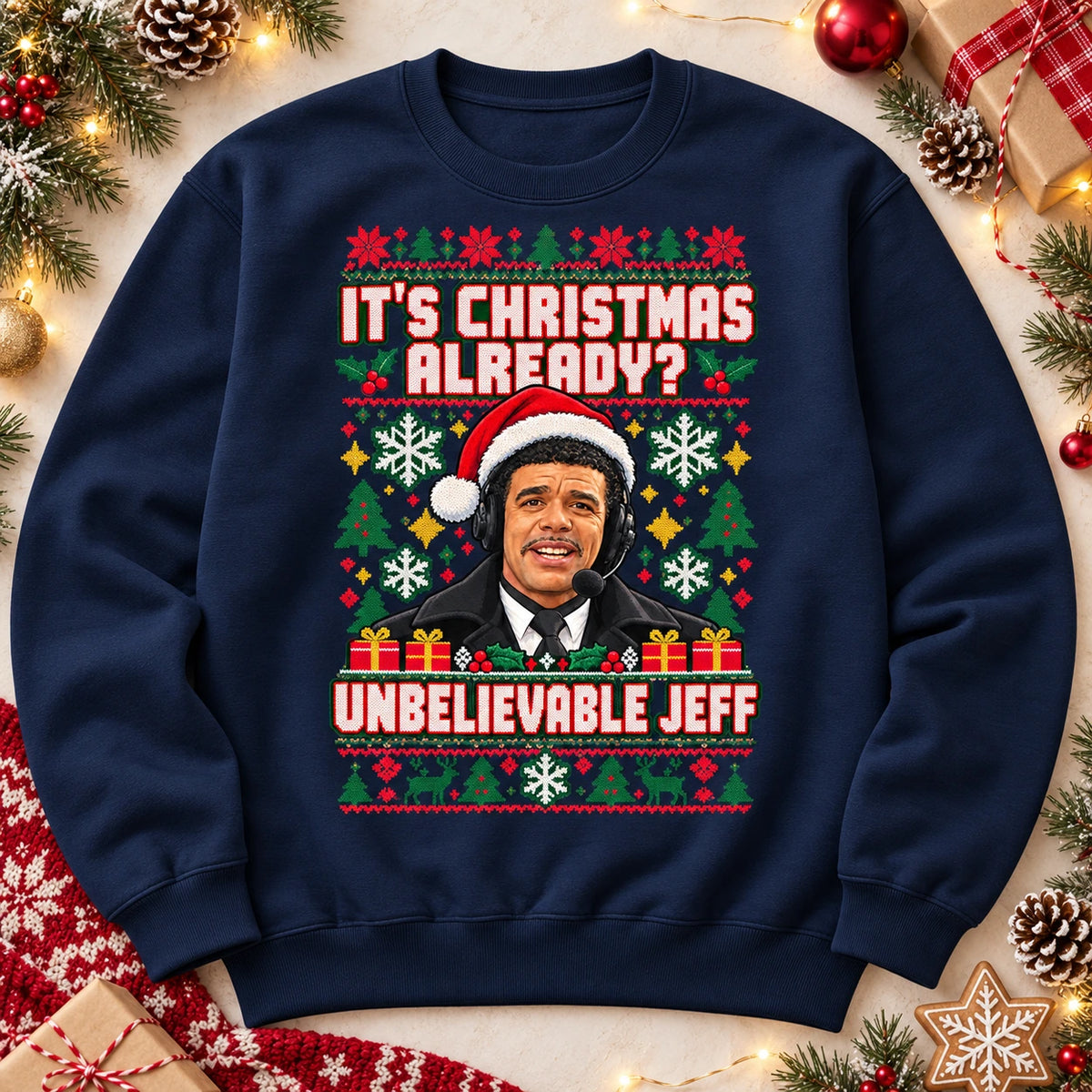 Navy Chris Kamara It's Christmas Already Unbelievable Jeff Christmas jumper flat lay
