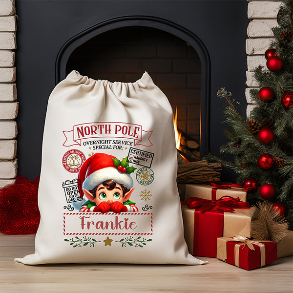 Personalised DTF Printed Christmas Sack - Elf Design 40cm x 61.5cm