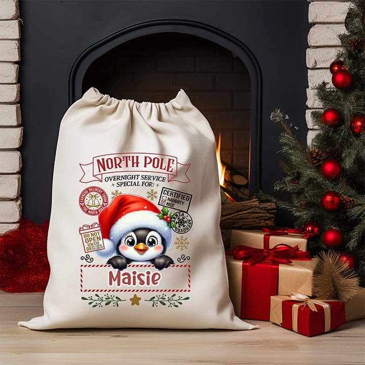 Personalised DTF Printed Christmas Sack - Penguin Design
