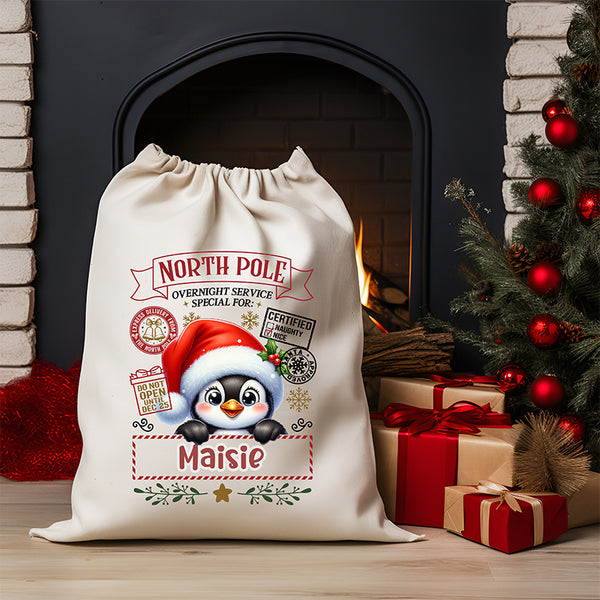 Personalised DTF Printed Christmas Sack - Penguin Design 40cm x 61.5cm