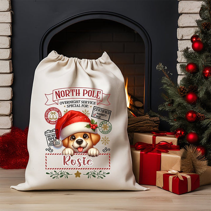 Personalised DTF Printed Christmas Sack - Puppy Design
