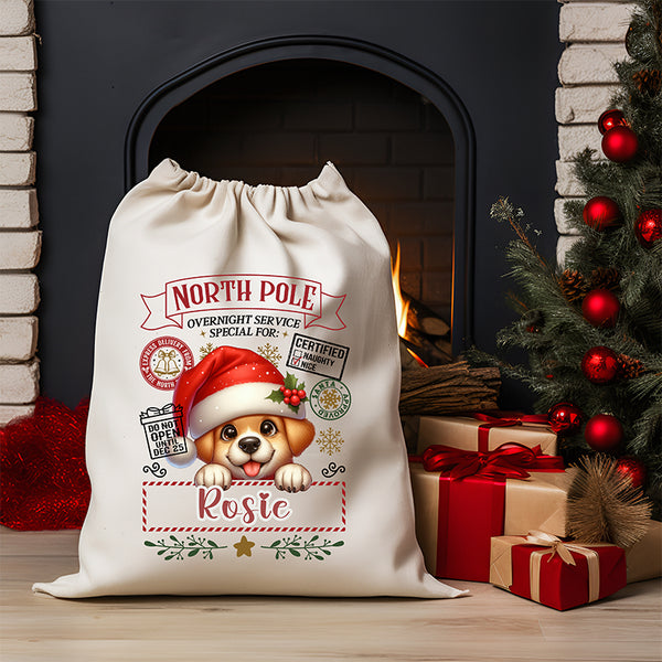 Personalised DTF Printed Christmas Sack - Puppy Design 40cm x 61.5cm