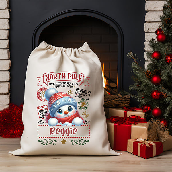 Personalised DTF Printed Christmas Sack - Snowman Design 40cm x 61.5cm