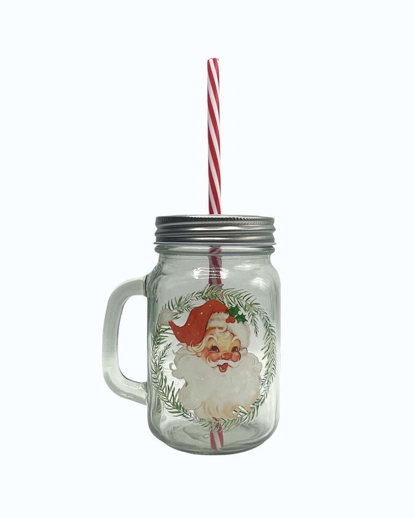 Traditional Santa Personalised UV DTF Printed 16 Oz Mason Jar + Lid & Straw