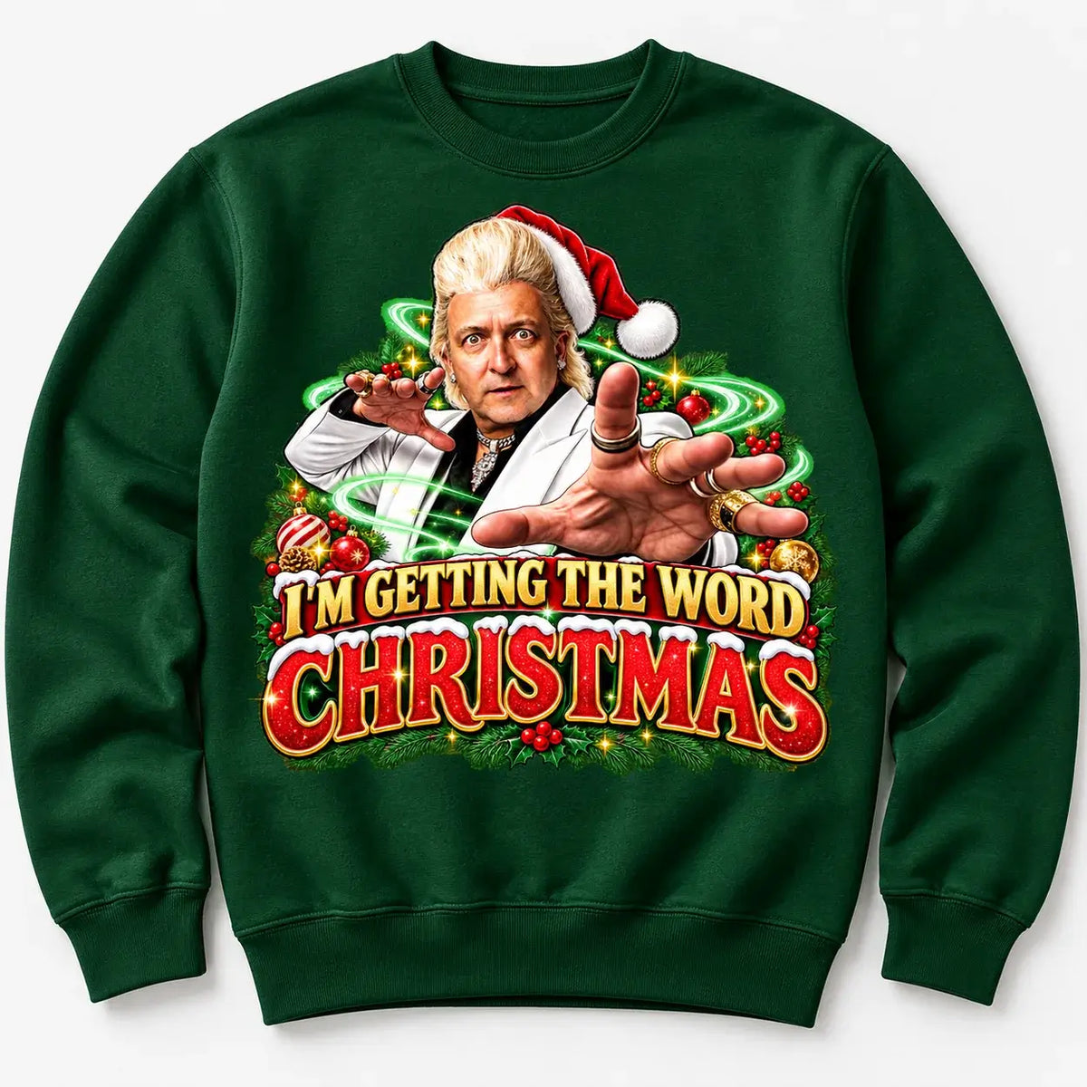 Bottle Green Clinton Baptiste I'm Getting the Word Christmas jumper flat lay