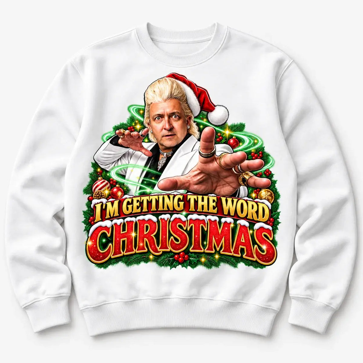 White Clinton Baptiste Christmas jumper mockup