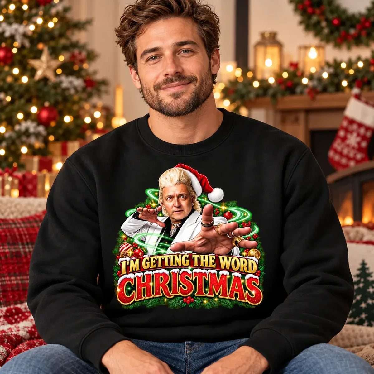 Model wearing Black Clinton Baptiste Christmas jumper