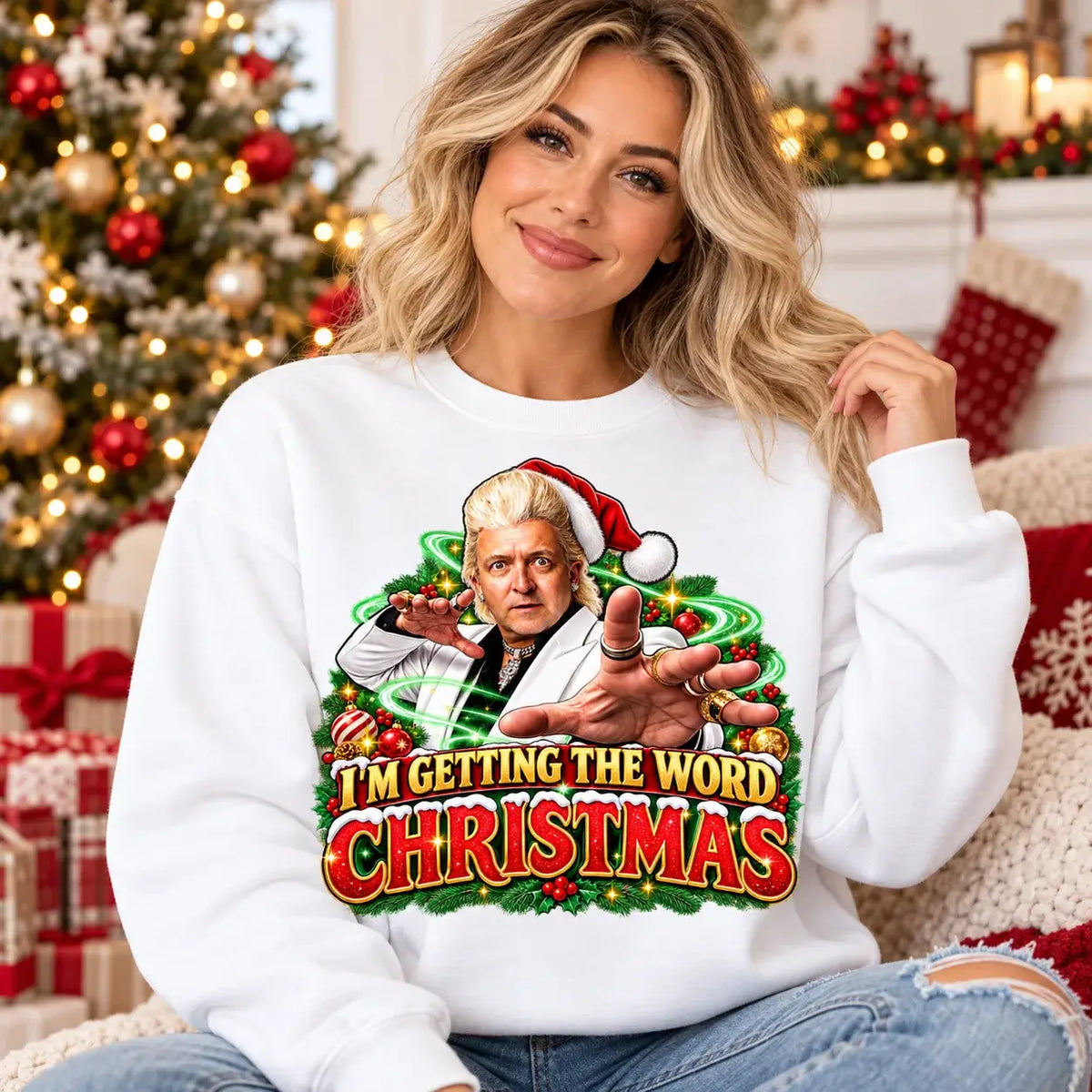 Model wearing White Clinton Baptiste Christmas jumper