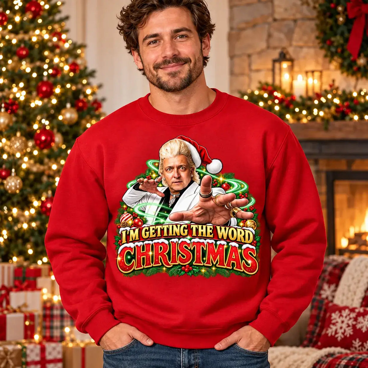 Model wearing Fire Red Clinton Baptiste Christmas jumper