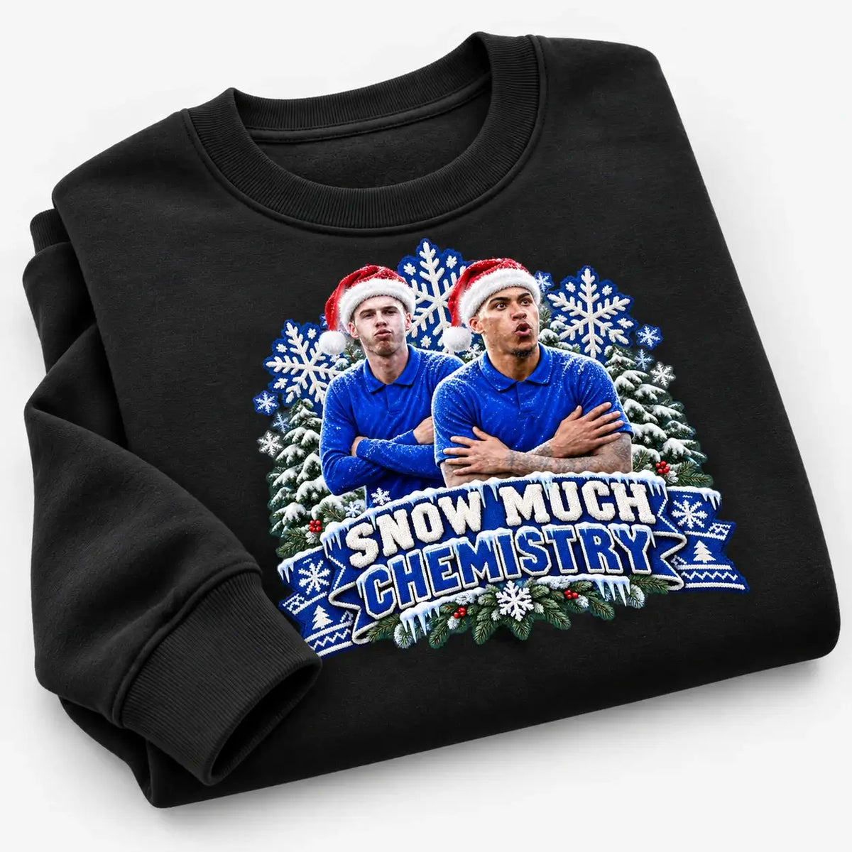 Black Snow Much Chemistry Christmas jumper featuring Cole Palmer and Morgan Rogers, close folded flat lay