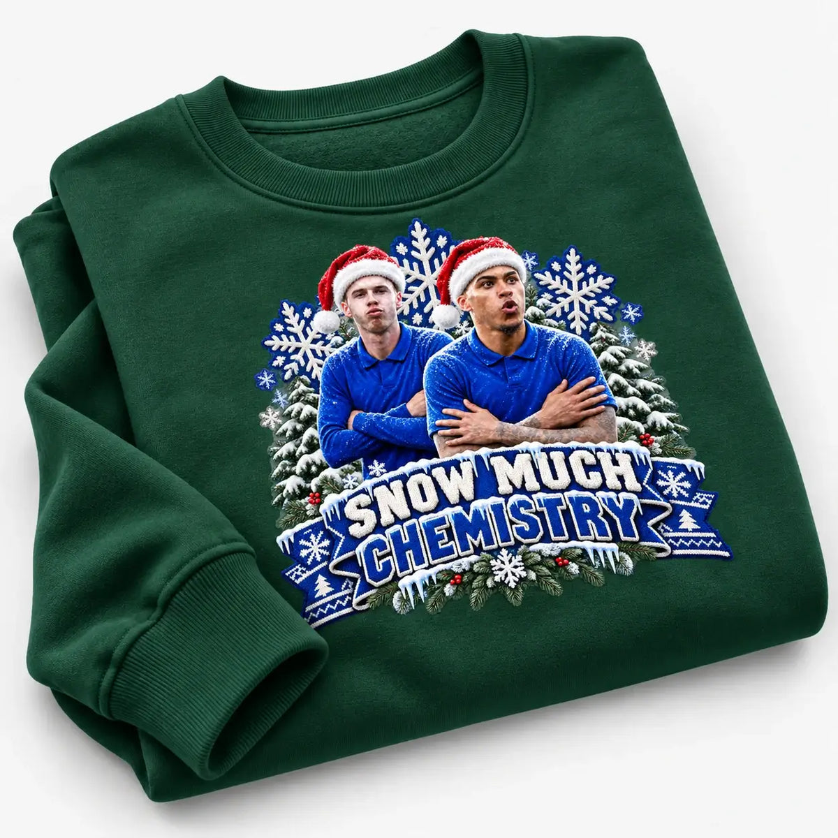 Bottle Green Snow Much Chemistry Christmas jumper featuring Cole Palmer and Morgan Rogers, close folded flat lay