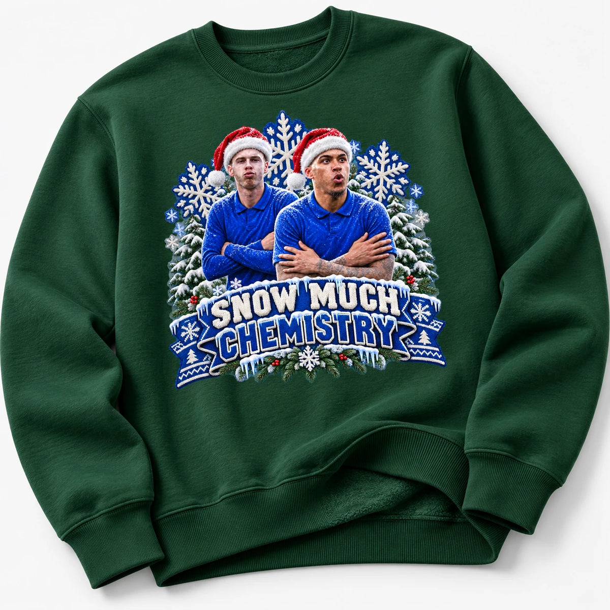 Bottle Green Snow Much Chemistry Christmas jumper with Cole Palmer and Morgan Rogers, original angled mockup