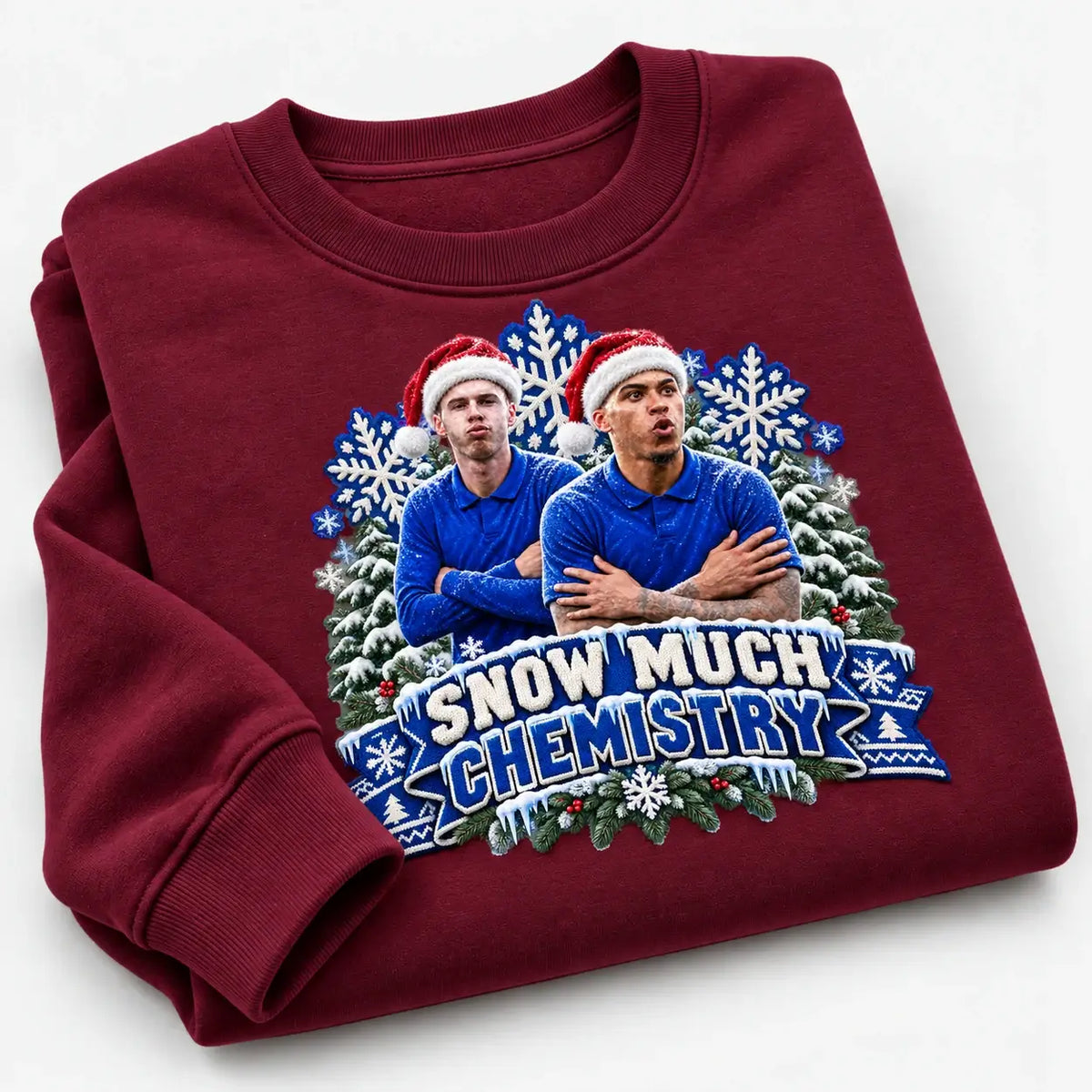 Burgundy Snow Much Chemistry Christmas jumper featuring Cole Palmer and Morgan Rogers, alternate close folded flat lay