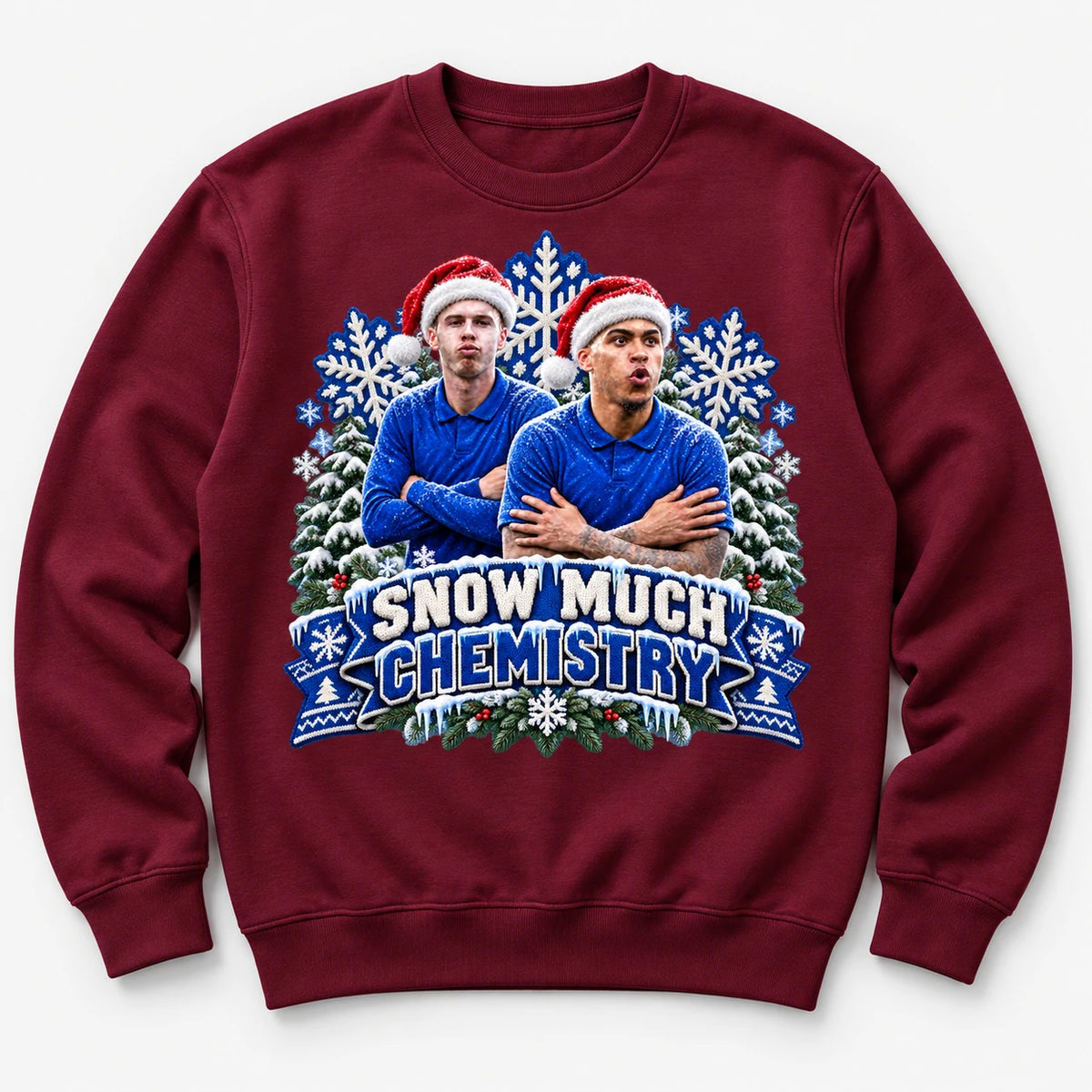 Burgundy Snow Much Chemistry Christmas jumper with Cole Palmer and Morgan Rogers, original flat lay mockup