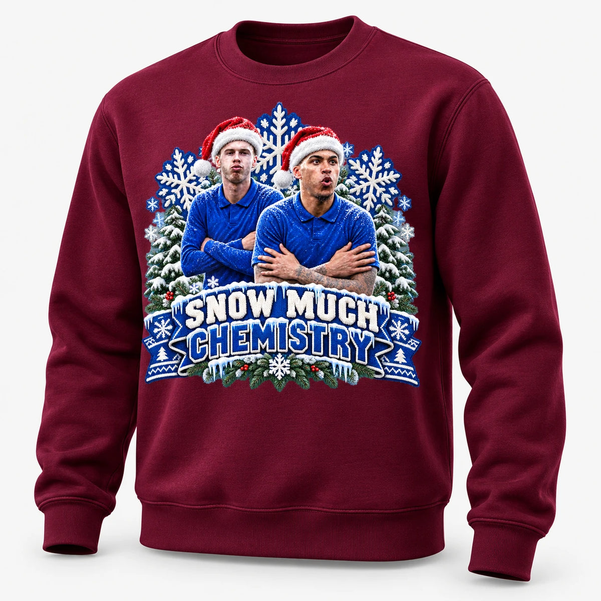Burgundy Snow Much Chemistry Christmas jumper with Cole Palmer and Morgan Rogers, original front mockup