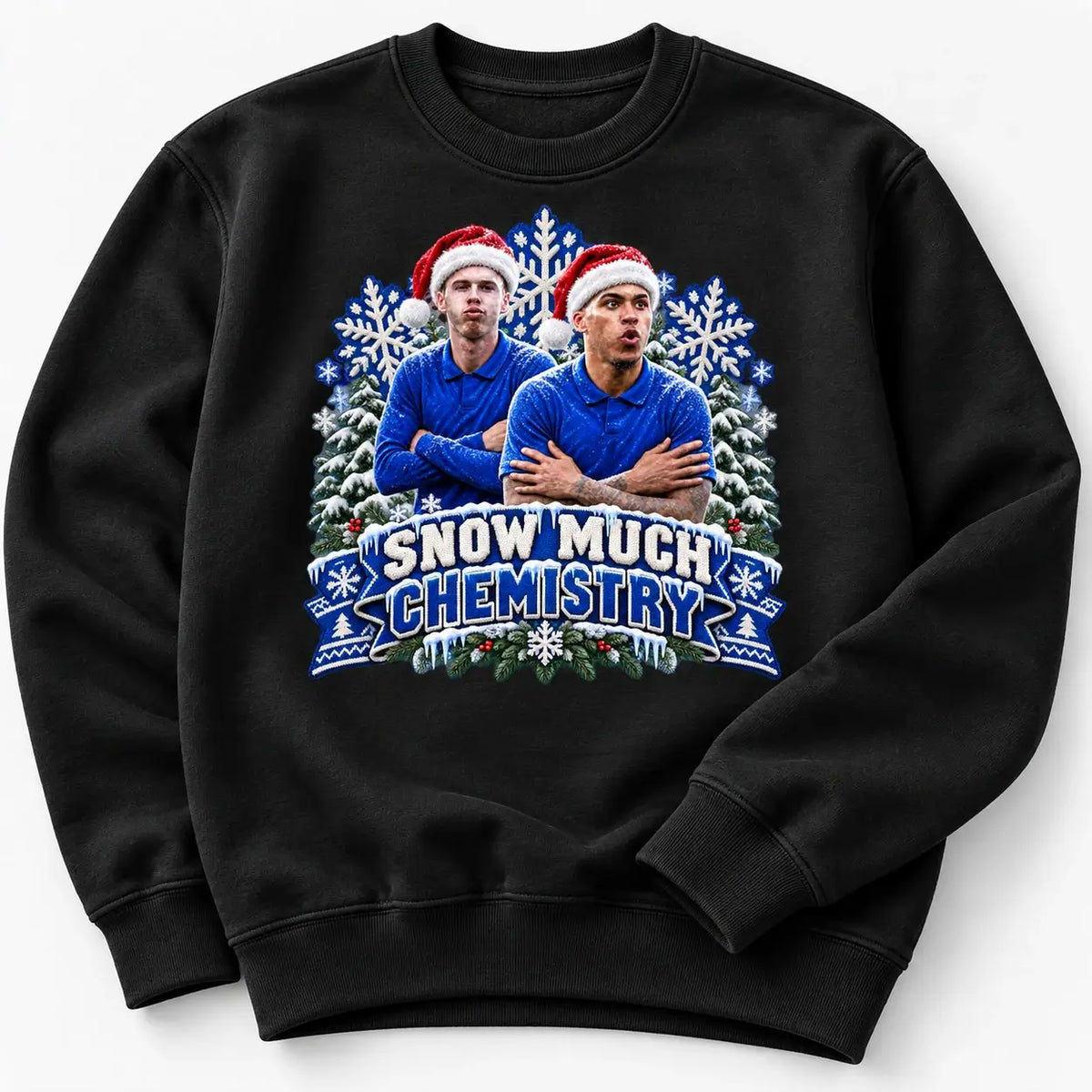 Black Snow Much Chemistry Christmas jumper featuring Cole Palmer and Morgan Rogers Chelsea fan design, angled flat lay