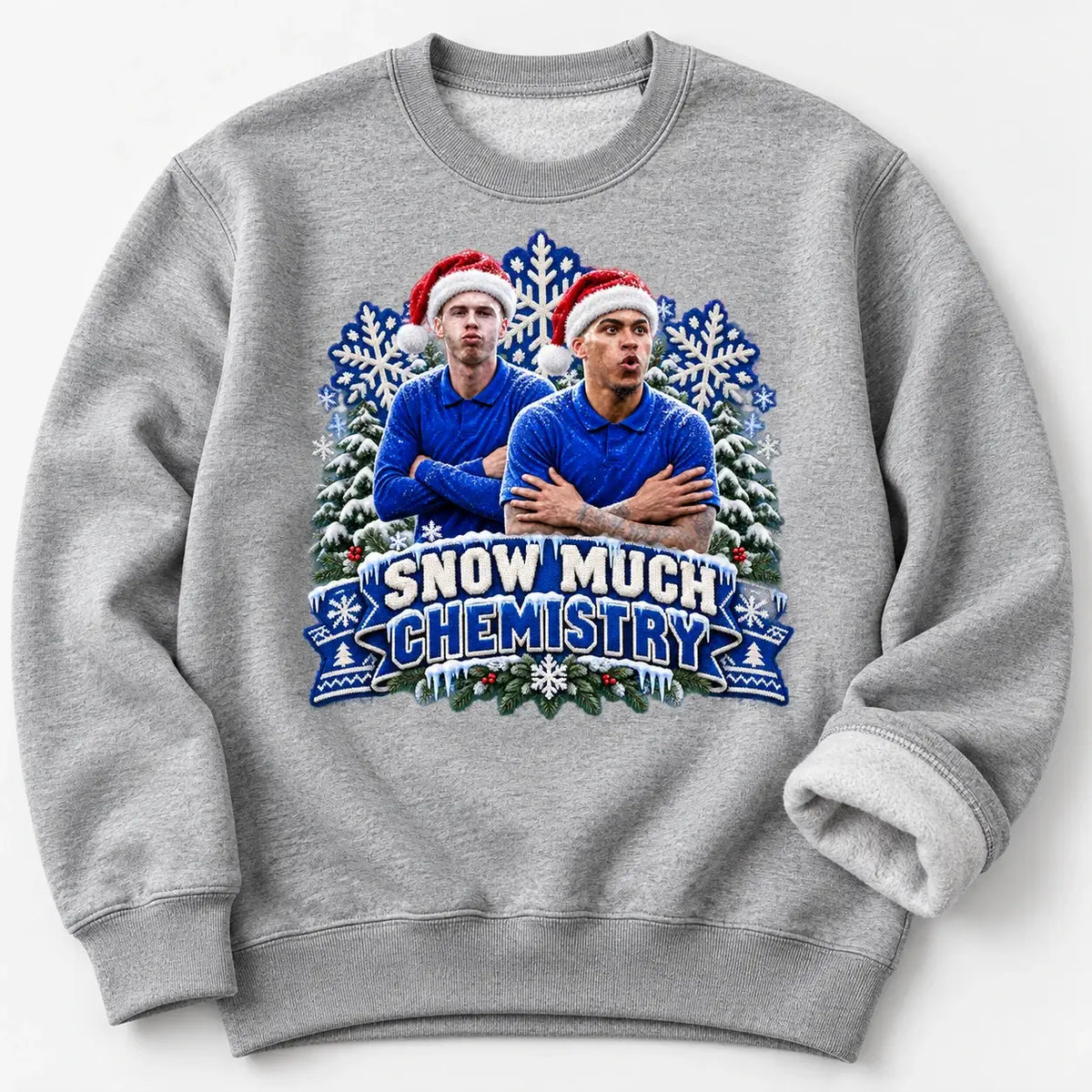 Heather Grey Snow Much Chemistry Christmas jumper with brushed fleece detail and Cole Palmer Morgan Rogers fan design